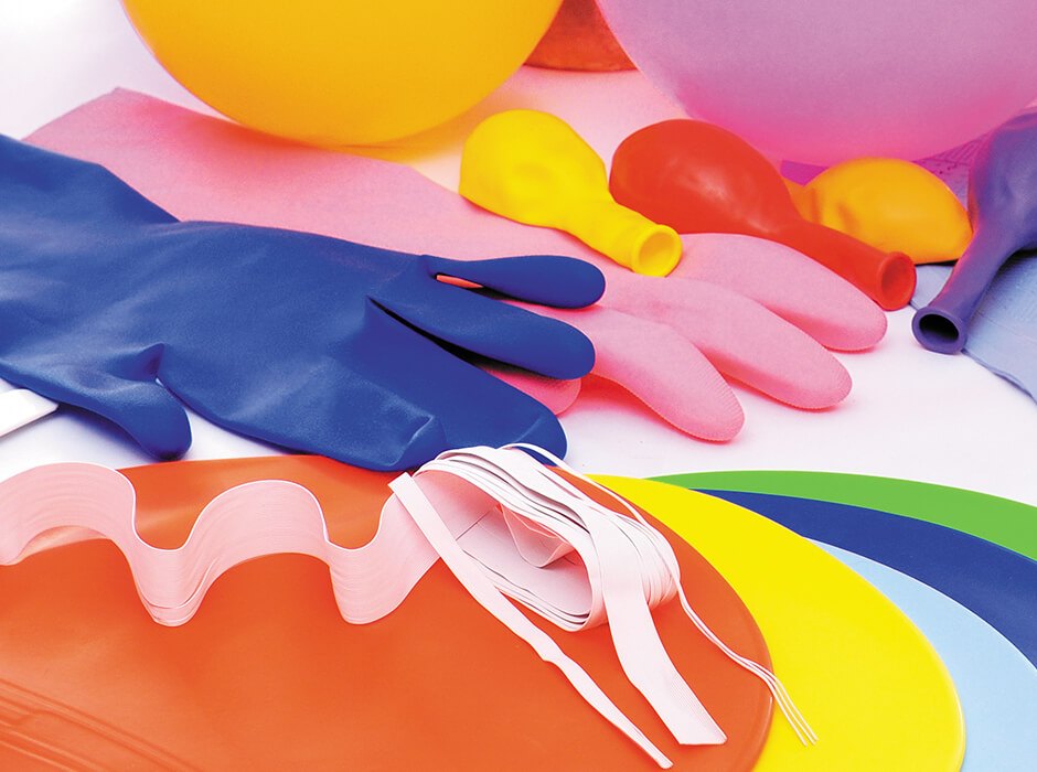 Colourful dipped latex products: gloves, balloons and latex sheets